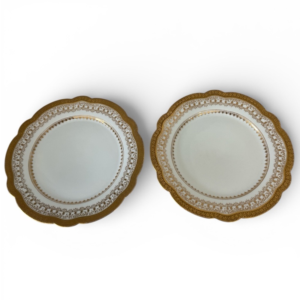 Limoges Pair of 2 Gold Rimmed Scalloped Salad Luncheon Plates 10”